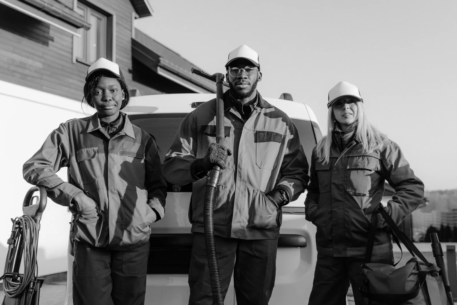Three professional cleaners in uniform pose with equipment in front of a building. Which provincial board covers a pressure washing crew in Ontario or British Columbia?